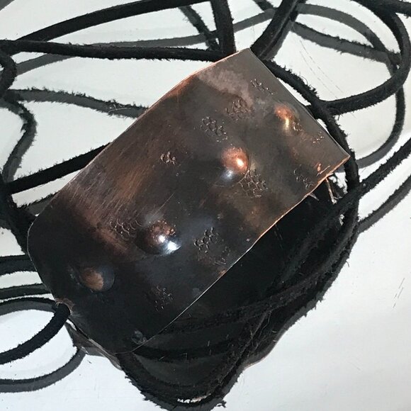 Handmade Ketoh Repousse Solid Copper Cuff Bracelet Genuine Leather Tie Wrap - Picture 14 of 15